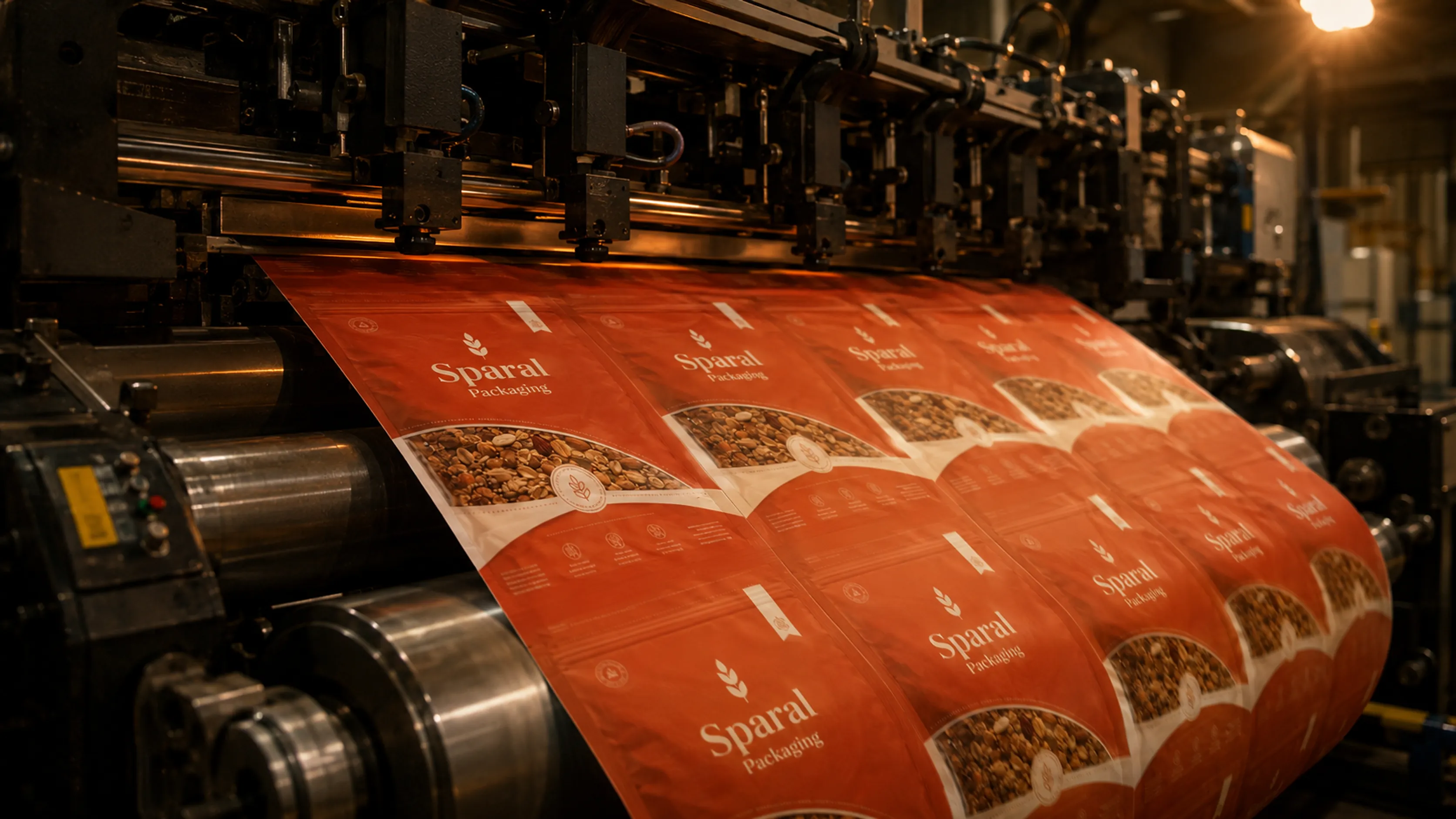 Digital printing press running a web of custom pouch artwork at Sparal Packaging
