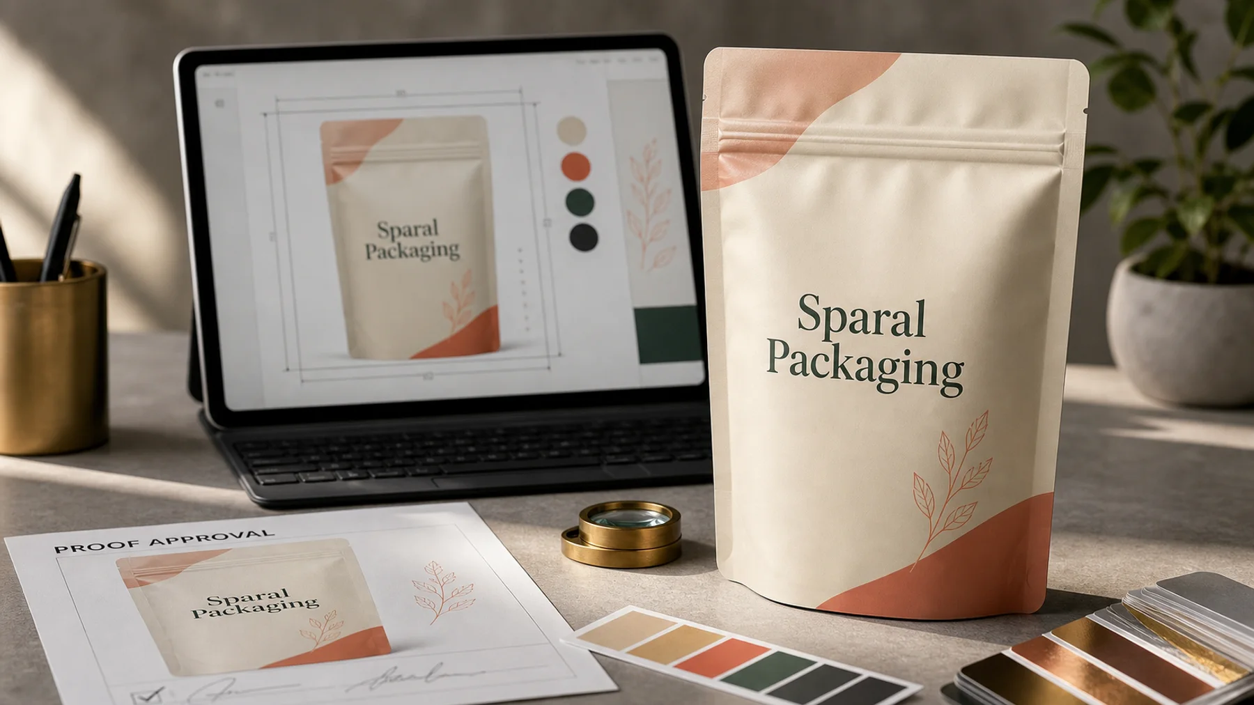 Sparal Packaging proofing desk with branded pouch and digital artwork review
