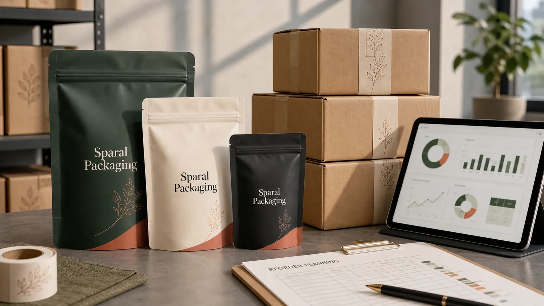 Sparal Packaging reorder planning workflow with pouch family and cartons