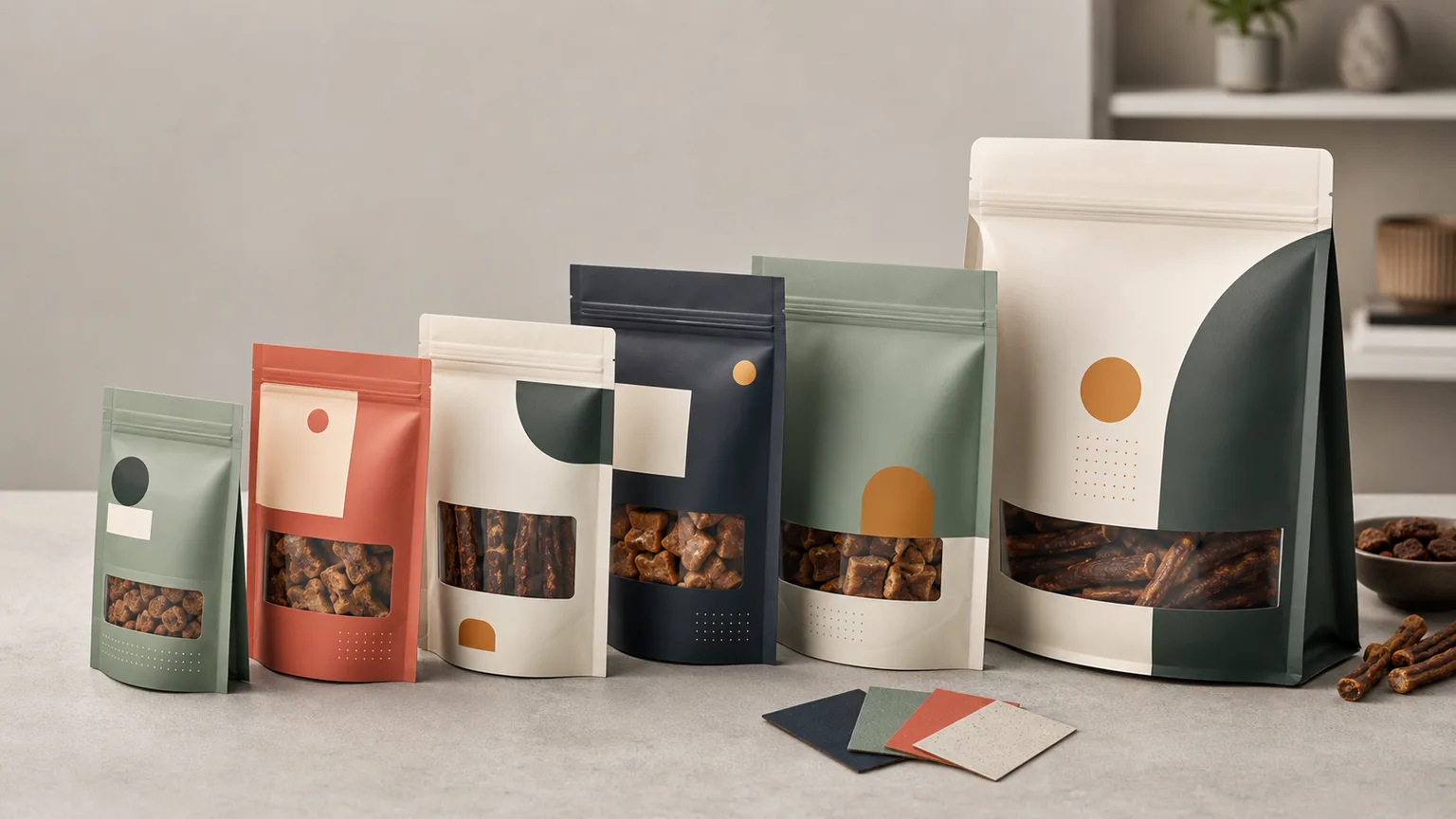 Pet treat clear-window pouch packaging lineup