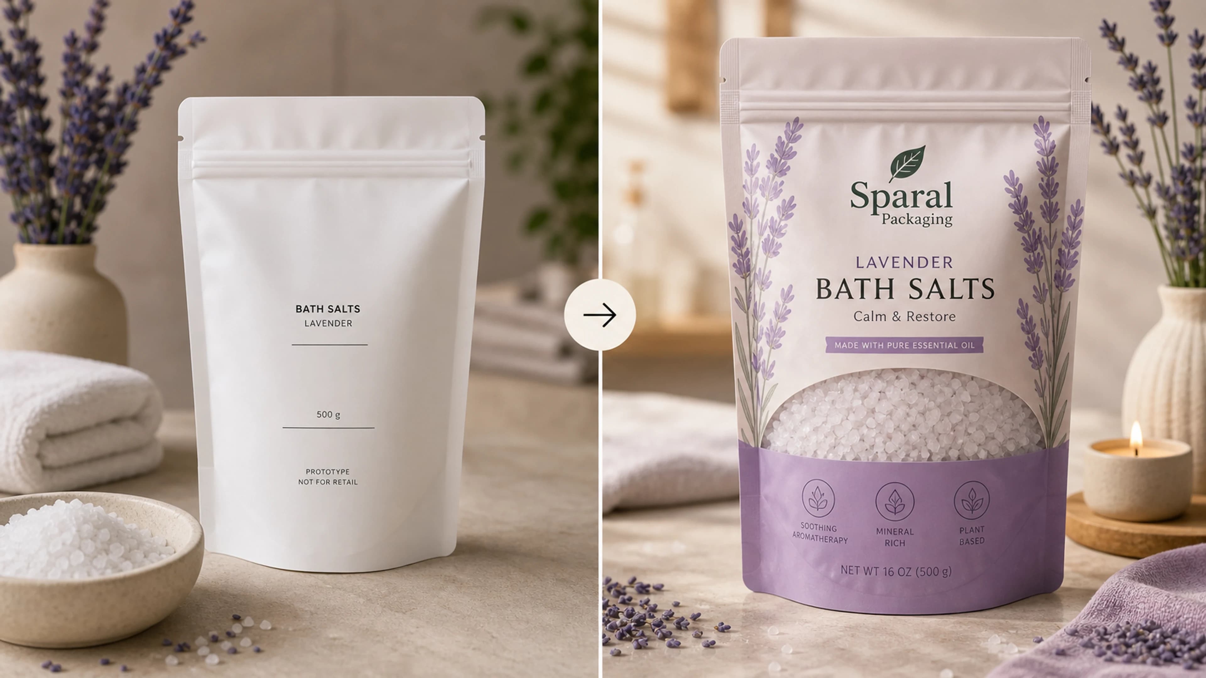 Bath salts packaging upgrade before and after packaging transformation
