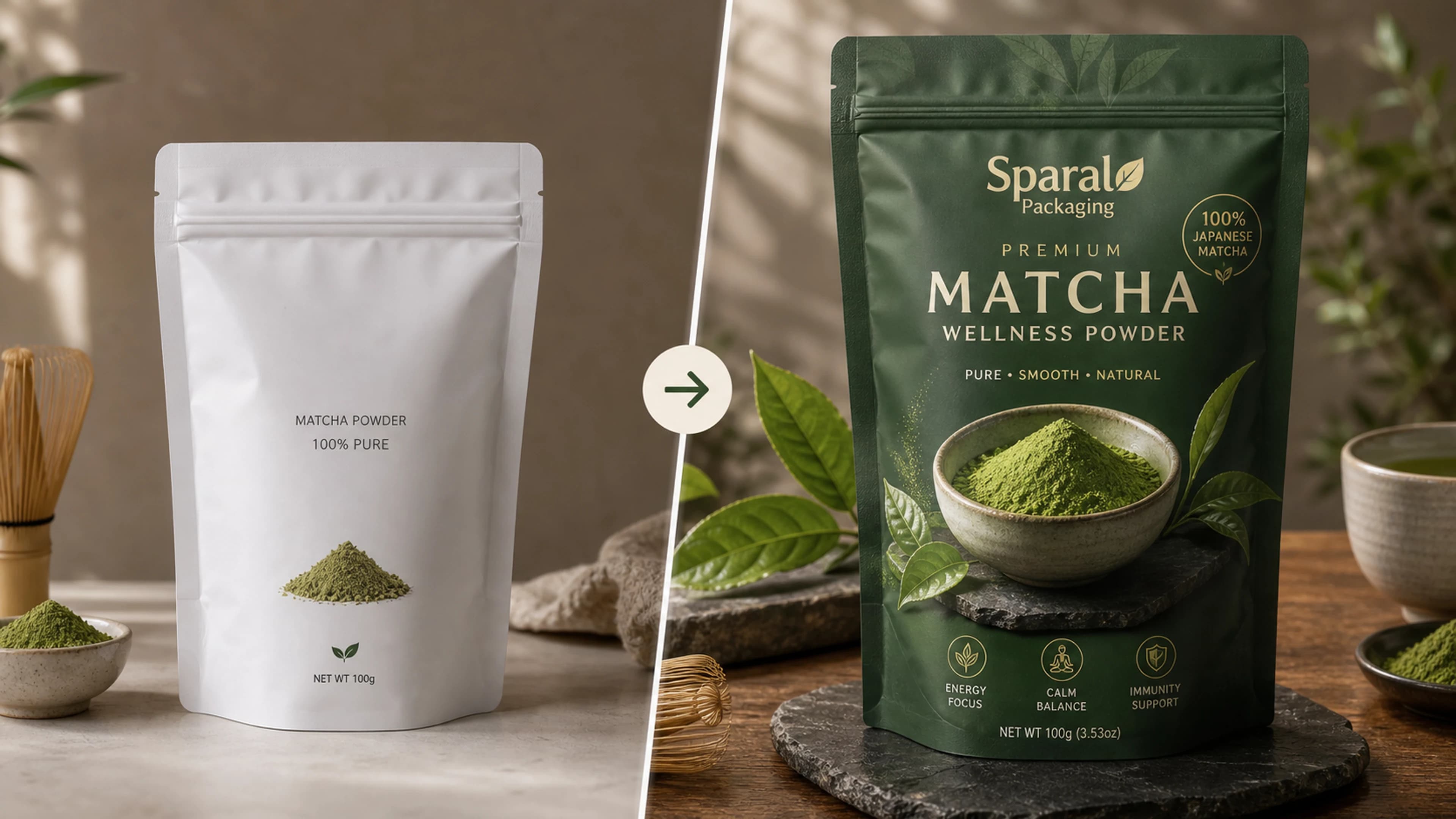 Matcha wellness packaging upgrade before and after packaging transformation