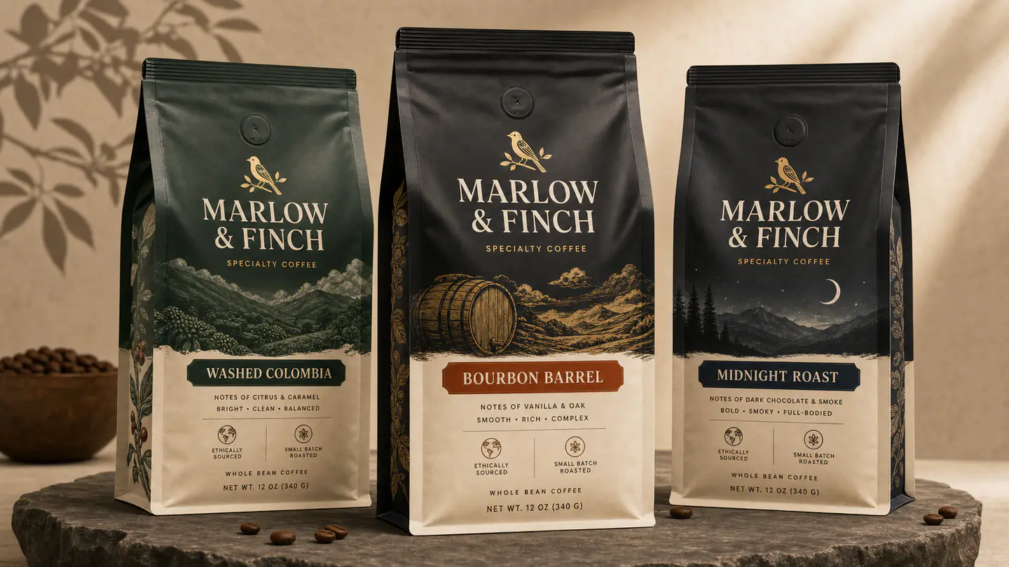 Three fictional Marlow and Finch specialty coffee pouch concepts in charcoal, warm white, and clay