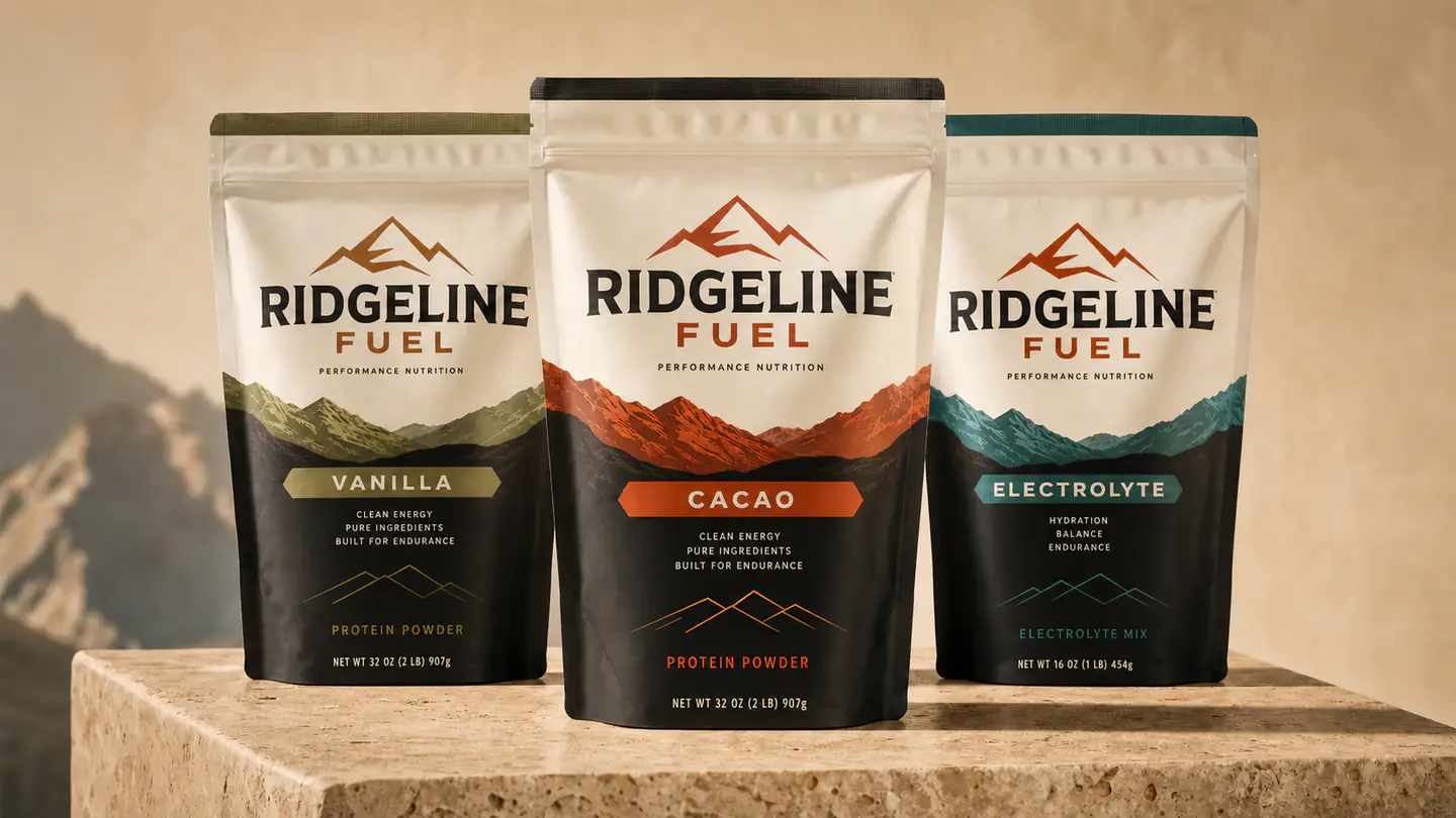 Three fictional Ridgeline Fuel performance nutrition pouch concepts in rust, cream, and forest green