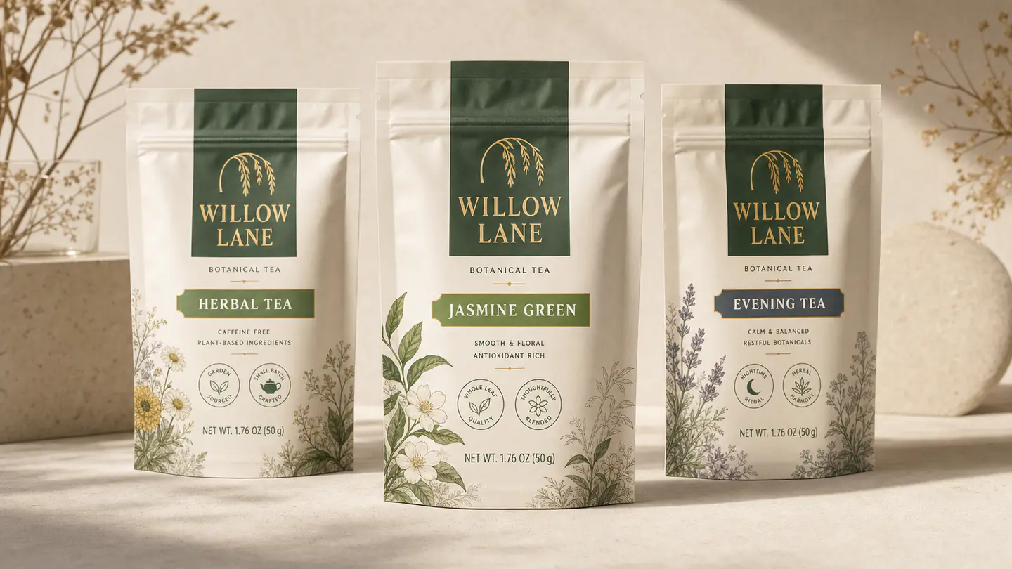 Three fictional Willow Lane botanical tea pouch concepts in cream, sage, and charcoal