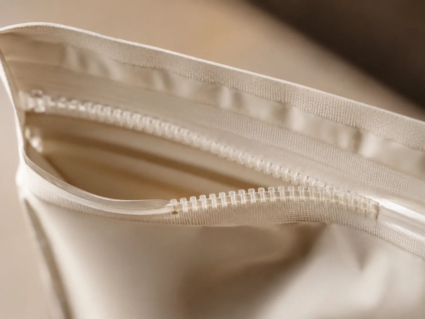 Press-to-close zipper track macro inside a cream pouch — Sparal Packaging structural detail