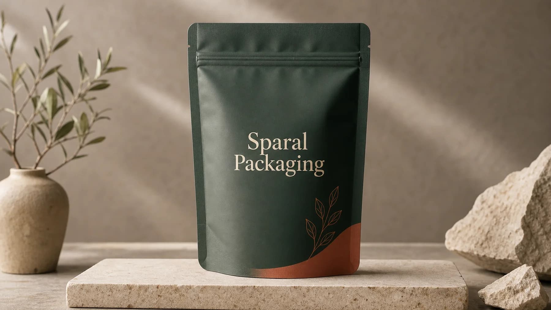 Premium matte Sparal Packaging pouch on a stone plinth