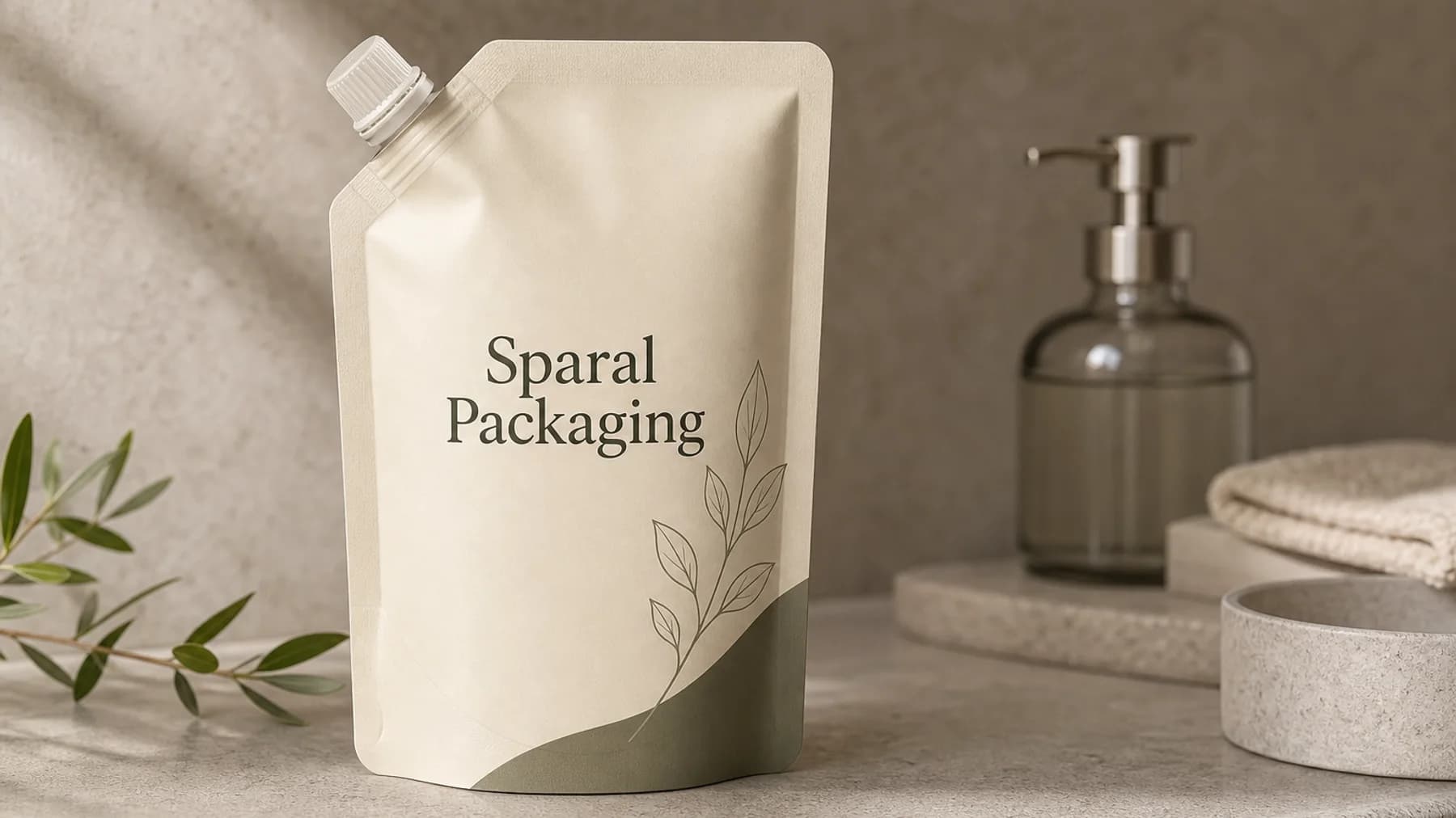 Cream Sparal Packaging spouted refill pouch on a premium counter