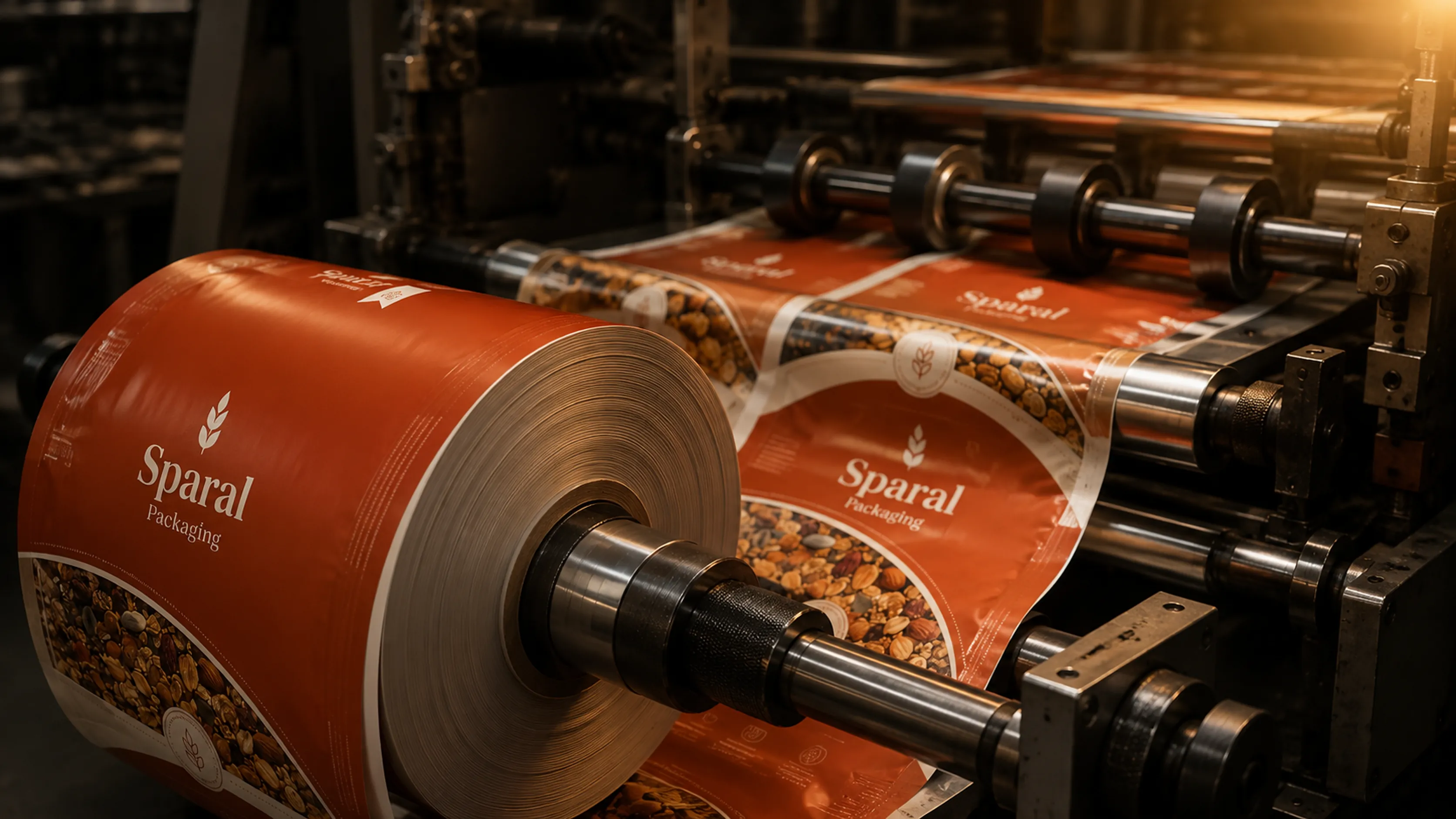 Printed flexible packaging rollstock being slit and rewound at Sparal Packaging