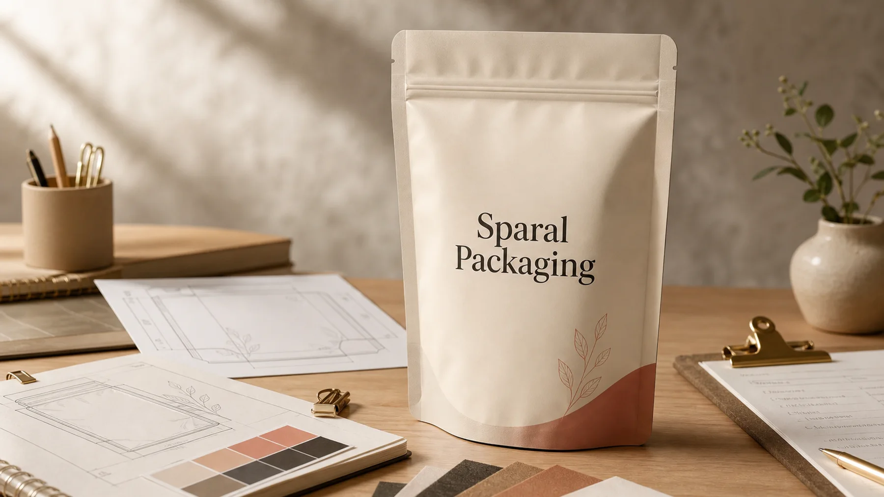 Sparal Packaging branded pouch with dielines and launch brief documents